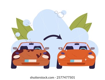 Dirty and clean orange cars side by side with an arrow between them, surrounded by bubbles and leaves, on a white background. Concept of car cleaning. Vector illustration