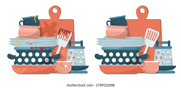 Dirty and clean pile of kitchenware vector isolated. Cooking pan and dishes, domestic work. Dirty mess on the kitchen.