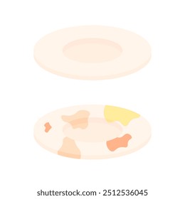 Dirty and clean plate in cartoon style on a white background isolated. Dirty dishes. Multi-colored food stains on plates
