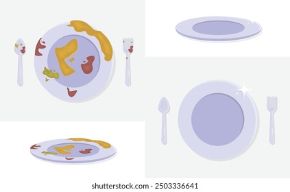 Dirty and clean plates, set of spoon and fork, washing product ads elements vector illustration isolated on background