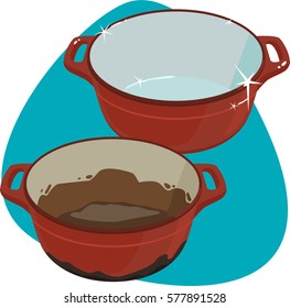 Dirty and clean red cast-iron dutch ovens. Isolated. On blue background.
