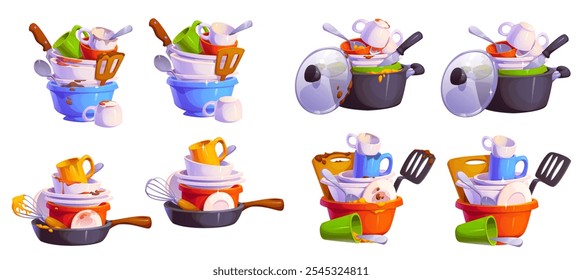 Dirty and clean restaurant dishes. Cartoon vector stacks of dirty dishes, pots, pans, bowls, cups and utensils piled high, highlights the chaos and clutter of unwashed kitchenware and household items