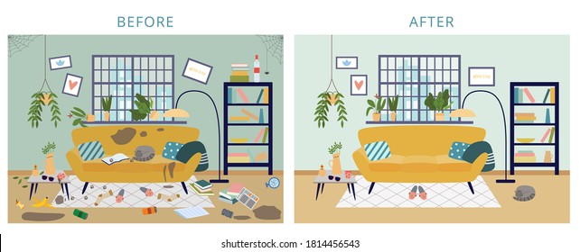 Dirty and clean room before and after cleanup, flat cartoon vector illustration. Background shows result of house cleaning and tidying for cleaning services. - Shutterstock ID 1814456543