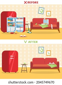 Dirty and clean room. Room before and after cleaning. Vector illustration in cartoon style.