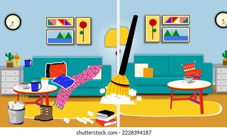 Dirty and clean room before and after cleanup, flat cartoon vector illustration. Background shows result of house cleaning and tidying for cleaning services