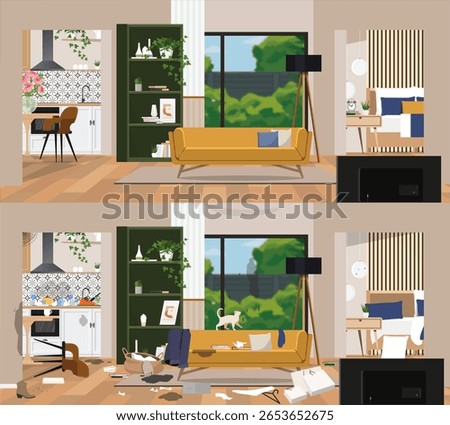 Dirty and clean room. Room before and after cleaning. Flat graphic, vector illustration