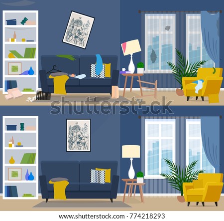 Dirty and clean room. Room before and after cleaning. Flat graphic, vector illustration.
