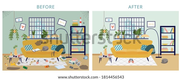Dirty and clean room before and\
after cleanup, flat cartoon vector illustration. Background shows\
result of house cleaning and tidying for cleaning\
services.