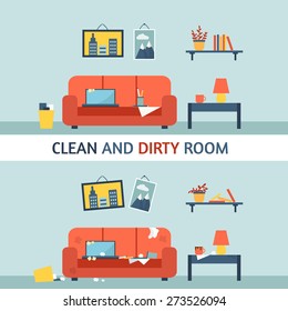 Dirty and clean room. Disorder in the interior. Room before and after cleaning. Flat style vector illustration.