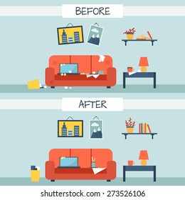 Dirty and clean room. Disorder in the interior. Room before and after cleaning. Flat style vector illustration.