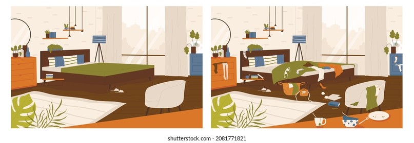 Dirty and clean room in modern style before and after cleaning. Cleaning result. Cleaning service concept. Flat cartoon vector inhouse illustration.