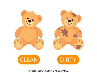 dirty and clean teddy bear plush toys. concept of children learning opposite adjectives clean and dirty. vector illustration isolated on white background