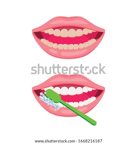Dirty and clean teeth. Teeth cleaning and oral hygiene concept. Open mouth with green toothbrush. Vector icon about dental care, how to brush teeth.