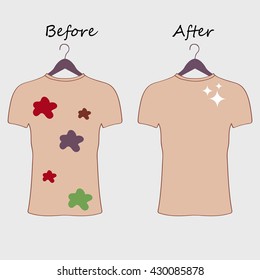 Dirty and clean t-shirt. Befor cleaning and after cleaning t-shirt. Stained t-shirt. Different types of stains. Dry cleaning concept.