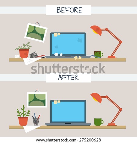 Dirty and clean work table. Creative mess. Disorder in the interior. Table before and after cleaning. Flat style vector illustration.