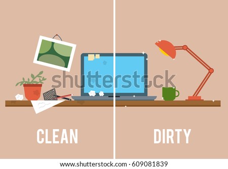 Dirty and clean work table. Creative mess. Disorder in the interior. Table before and after cleaning. Flat style vector illustration.