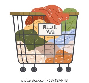 Dirty clothes, apparel heap in basket. Pile of delicate clothing, laundry vector illustration. Clothing and garment care, housekeeping concept. Basket with dirty textile, fabric or napkin for washing