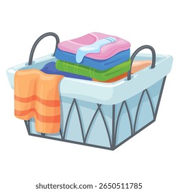 Dirty clothes. Apparel heap with stains in basket, different soiled smelly pile of fabric old shorts, cotton t-shirts and socks, laundry vector cartoon isolated on white background colorful concept