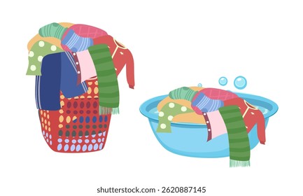 Ilustración vectorial de cesta de ropa sucia en estilo de dibujos animados. Concepto de lavandería, suministros de limpieza Vector plano aislado sobre fondo blanco.