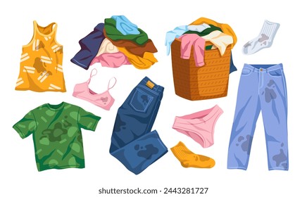 Dirty clothes illustrations set. Pile of stained apparel in basket, smelly socks, dirty jeans and T shirt. Clothing for washing at laundry. Cartoon flat vector collection isolated on white background