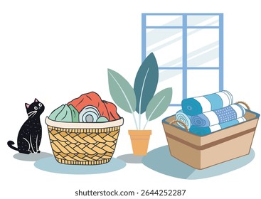 uma roupa suja em cestas de roupa e uma cesta de toalhas limpas ao lado Lavagem de roupa. Cestas de lavandaria para lavar. Ilustração isolada de vetor plano