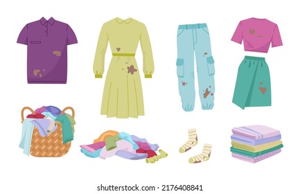 Dirty clothes. laundry service symbols different casual clothes need cleaning dirty dress pants jacket socks and t shirt. vector pictures in cartoon style