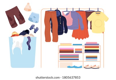 Dirty clothes. Laundry stack, basket apparel pile for washer. Isolated clean fashion pants sweater skirt t-shirt on hanger vector illustration