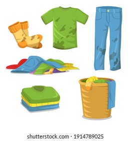 Dirty clothes laundry steps. Jeans , pants, socks with muds, pile of clothes in basket, stack of clean shirts and t-shirts. Flat vector illustrations for cleanliness, household, hygiene concept