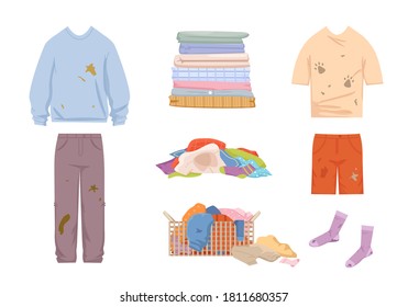 Dirty Clothes And Mess Set. Grease Stained Blue Sweater And Pants Pile Of Unwashed Socks Shorts Tshirt With Dog Prints Laundry Basket Filled With Smelly Clothes Stack Clean Linen. Vector Cleaning.