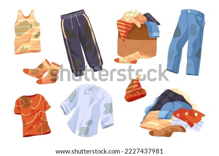 Dirty clothes or messy clothing, vector icons set.