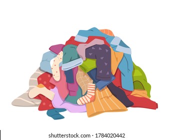 Dirty clothes pile. Messy laundry heap with stains, different soiled smelly apparel, soiled fabric old shorts, t-shirts and socks on floor. Laundry vector isolated colorful concept