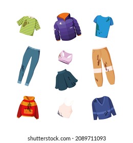 Dirty clothes. Satin fabric messy clothes for men and women jeans pants dress and jackets garish vector laundry room concept picture