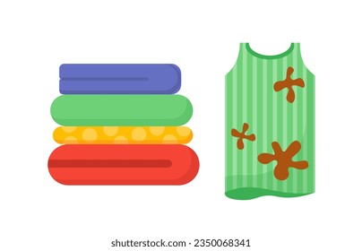 Schmutzige Kleidung. Grünes T-Shirt mit Schmutzspritzer und farbenfrohen Tovels. Wäscherei und Routine, Hausarbeit und Hygiene. Cartoon-FlachVektorgrafik, einzeln auf weißem Hintergrund