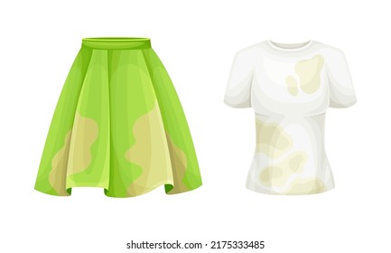 Dirty clothes set. Stained green skirt and white t-shirt vector illustration