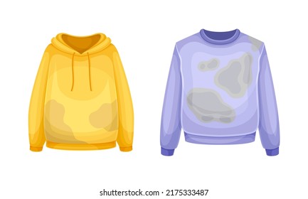 Dirty Clothes Set. Stained Hoodie And Sweatshirt Vector Illustration