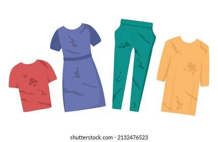 Dirty clothes set. T-shirt, dress, trousers, blouse with mud spots. Clothes with stains. Flat vector illustration for housekeeping, cleanliness concept