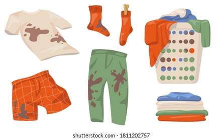 Dirty clothes set. T-shirts and socks with mud spots, pile of clothes in laundry basket, clean linen isolated on white background. Flat vector illustrations for housekeeping, cleanliness concept