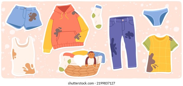 Dirty clothes with stains, laundry basket set. Hoodie, jeans, t-shirt, sock, shorts textile clothing with dirt. Garment washing, housework stickers cartoon collection flat vector illustration