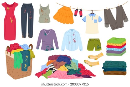 Dirty Clothes With Stains, Pile Of Clothing In Laundry Basket. Stack Of Fresh Clean Folded Apparel, Stained Shirt, Dress, Pants Vector Set. Apparel Heap With Mud Blotches, Smelly Container
