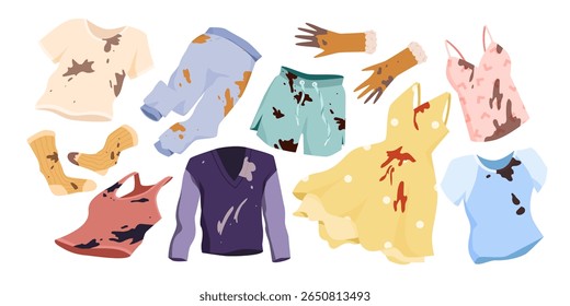 Dirty clothes with stains set. Old messy wardrobe pile of jeans and cotton dress with dirt and mud spots, smelly socks and unclean pants, shabby untidy textile clothing cartoon vector illustration
