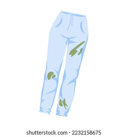 Ilustración vectorial de ropa sucia. Barro y suciedad en vaqueros azules. Lavandería, tareas domésticas, concepto de limpieza