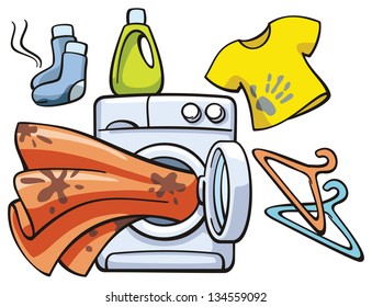 dirty clothes and washer - vector illustration