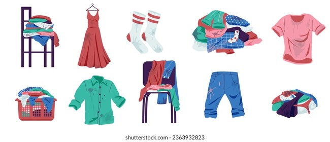 Dirty clothes. Washing laundry pile, dry laundry basket with stain and smelly textile, laundry room with dirty fabric cloth. Vector cartoon set. Muddy dress, socks and jeans, hygiene concept