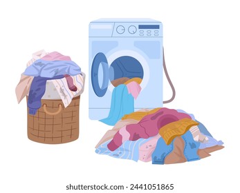 Dirty clothes. Washing machine, laundry basket and stack of dirty clothing flat vector illustration. Laundry concept on white