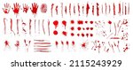 Dirty collection of paint splatter imitating blood, cut marks, splashes, drops, blots, spray, bloody hand and dirty fingerprints. Isolated set blood ink with splashes and drops. Red grunge set