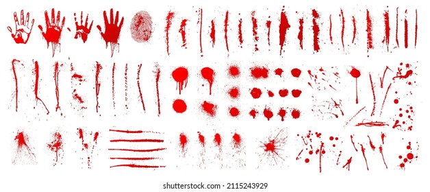 Dirty collection of paint splatter imitating blood, cut marks, splashes, drops, blots, spray, bloody hand and dirty fingerprints. Isolated set blood ink with splashes and drops. Red grunge set