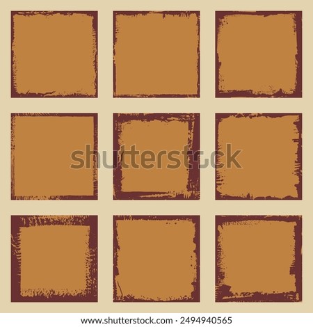 Dirty corrosion grunge edges border frame. Metal brown rusty badge. Old iron board. Banner box collection. Vector