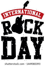 Dirty design with guitar silhouette and eroded label and text promoting the celebration of International Rock 'n' Roll Day.