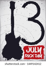 Dirty design and paint splashes with the shape of a guitar forming the number "13" to celebrate Rock Day in July.