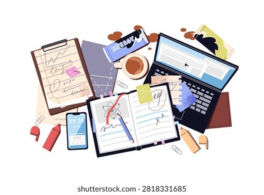Dirty desk with laptop, open notebook and stationery top view. Messy computer table with disorder- notes, office supplies, cup, phone and sheets of paper. Flat isolated vector illustration on white